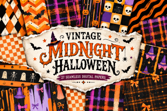 Vintage Midnight Halloween Digital Paper Graphic Patterns By Vintage