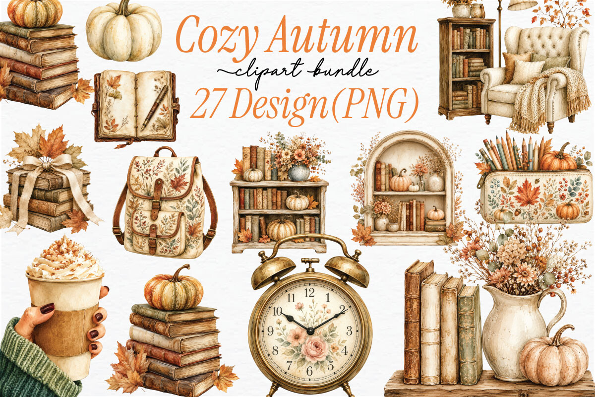 Watercolor Cozy Autumn Clipart Bundle