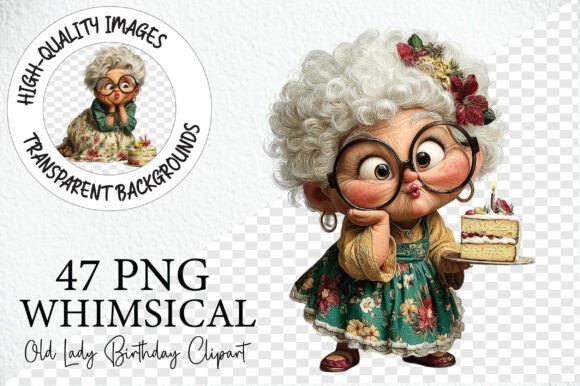 Whimsical Old Lady Birthday Clipart PNG