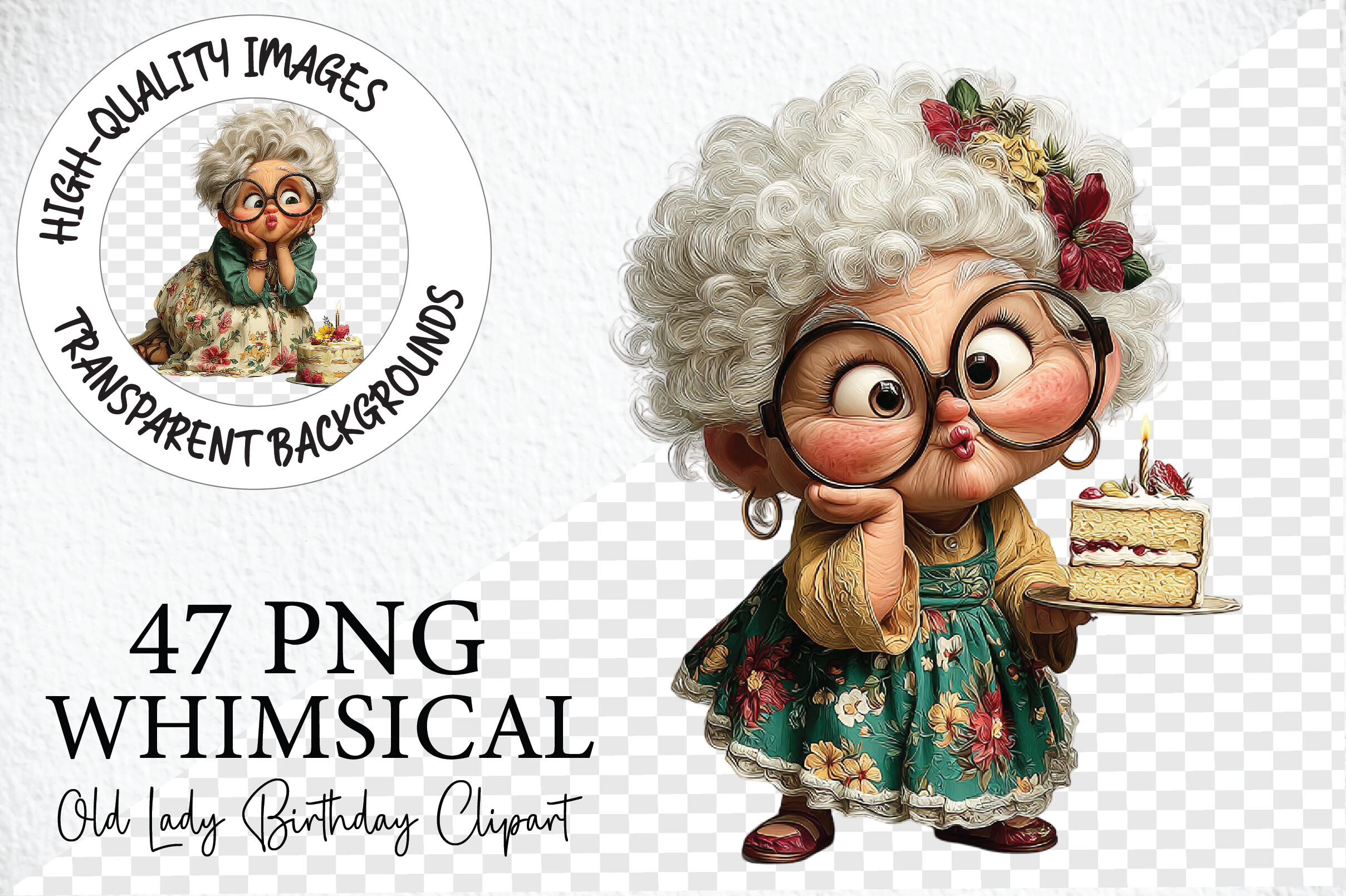 Whimsical Old Lady Birthday Clipart PNG