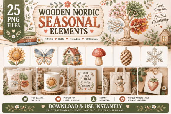 Wooden Nordic Seasonal Elements Clipart