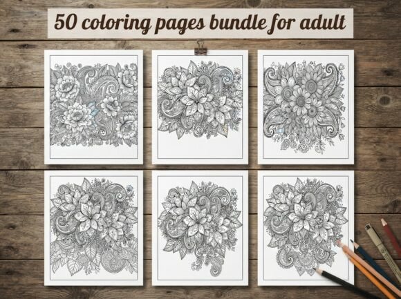 50 Floral Paisley Coloring Pages Bundle