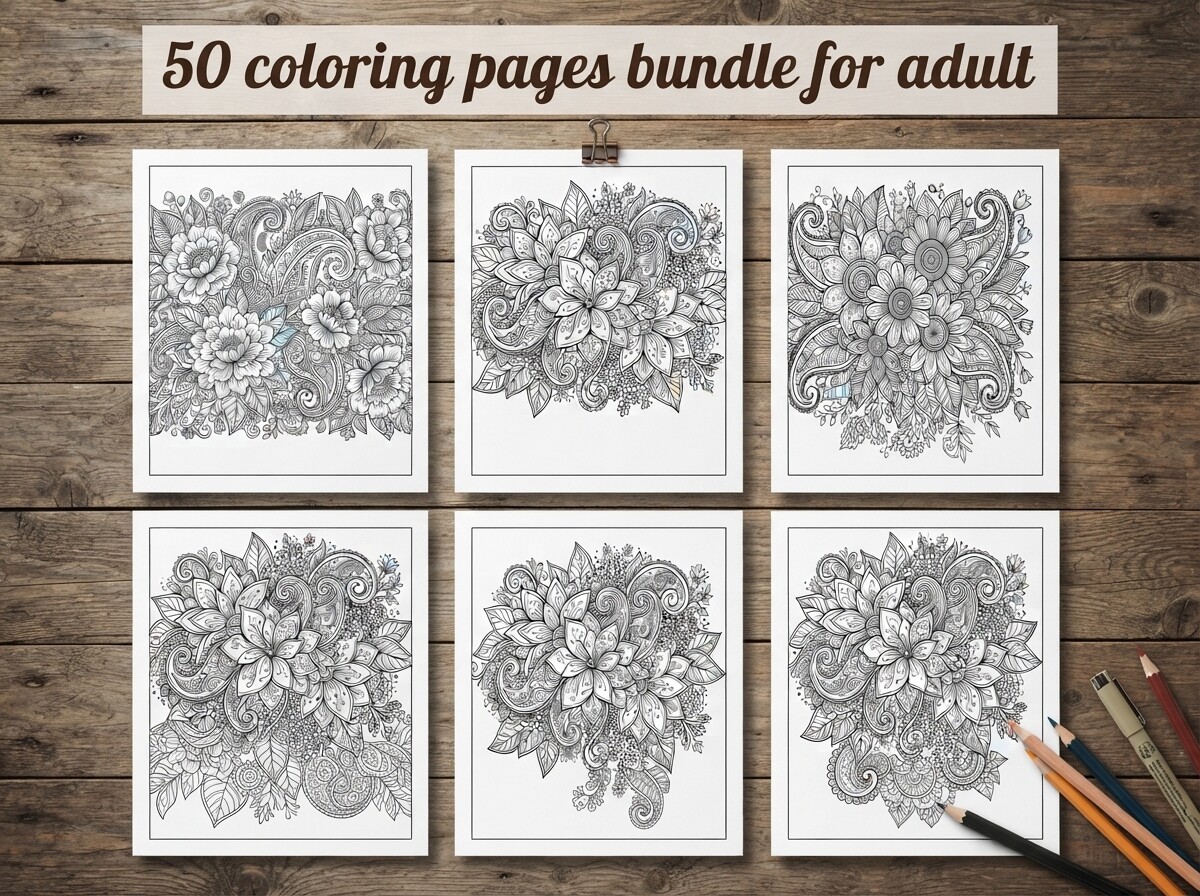 50 Floral Paisley Coloring Pages Bundle