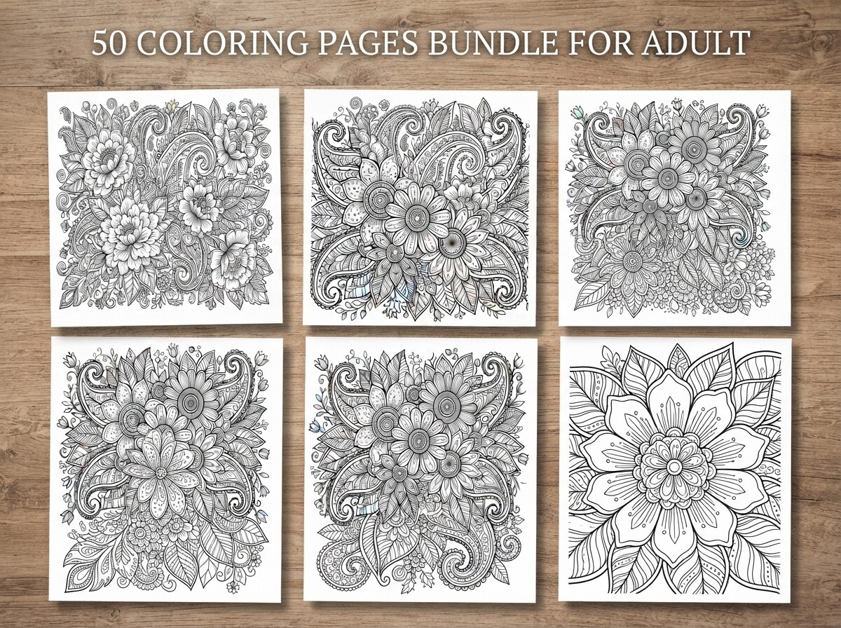 50 Floral Paisley Coloring Pages Bundle