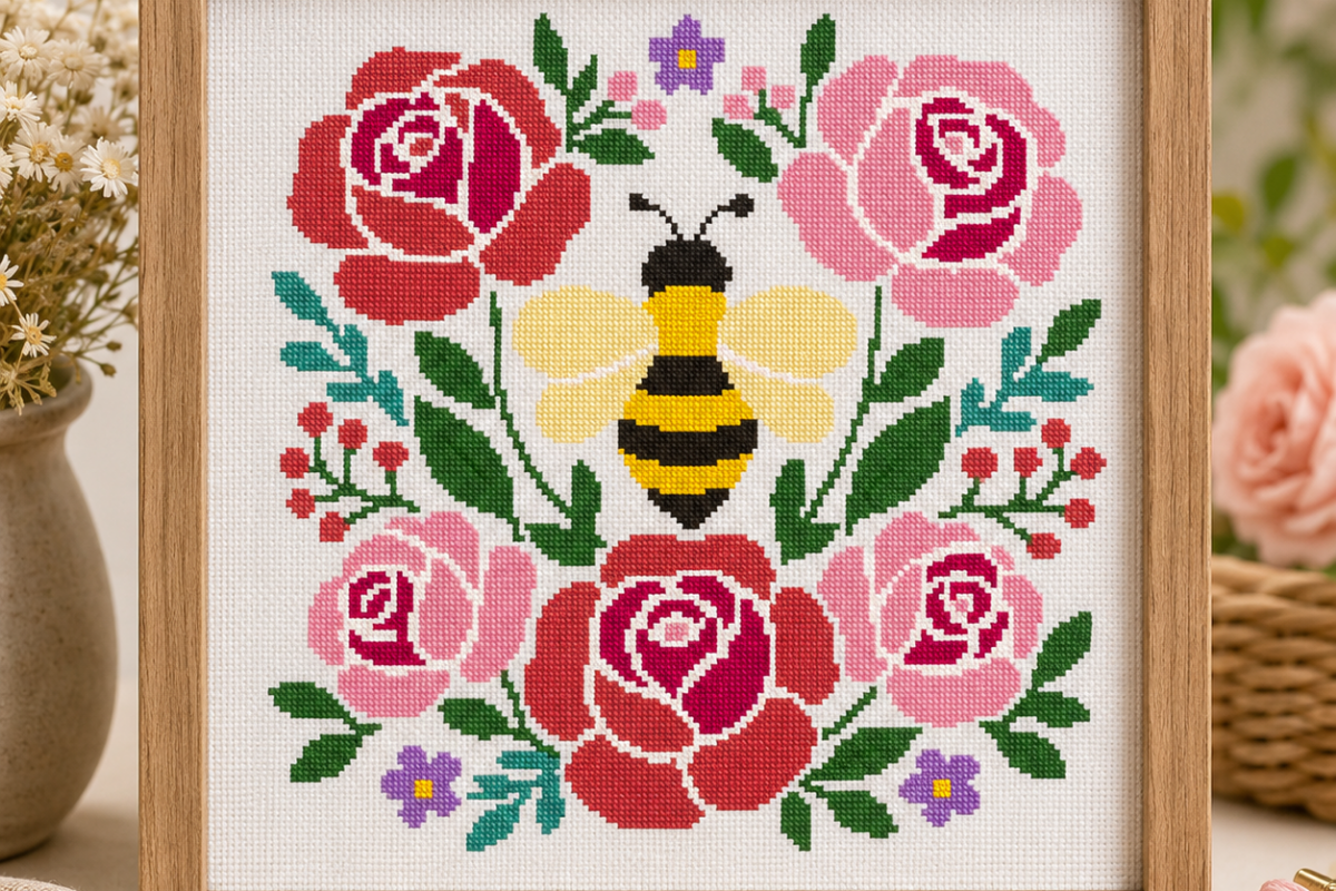 Bee and Roses Cross Stitch Pattern