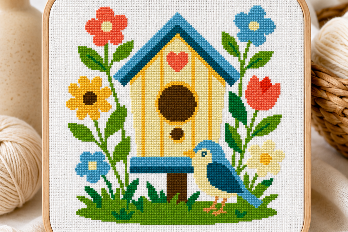 Birdhouse Garden Cross Stitch Pattern