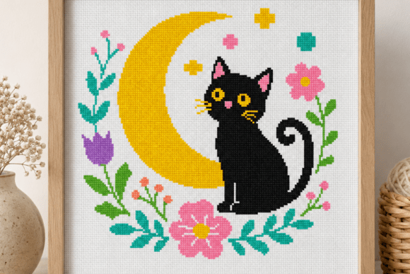 Black Cat Moon Cross Stitch Pattern