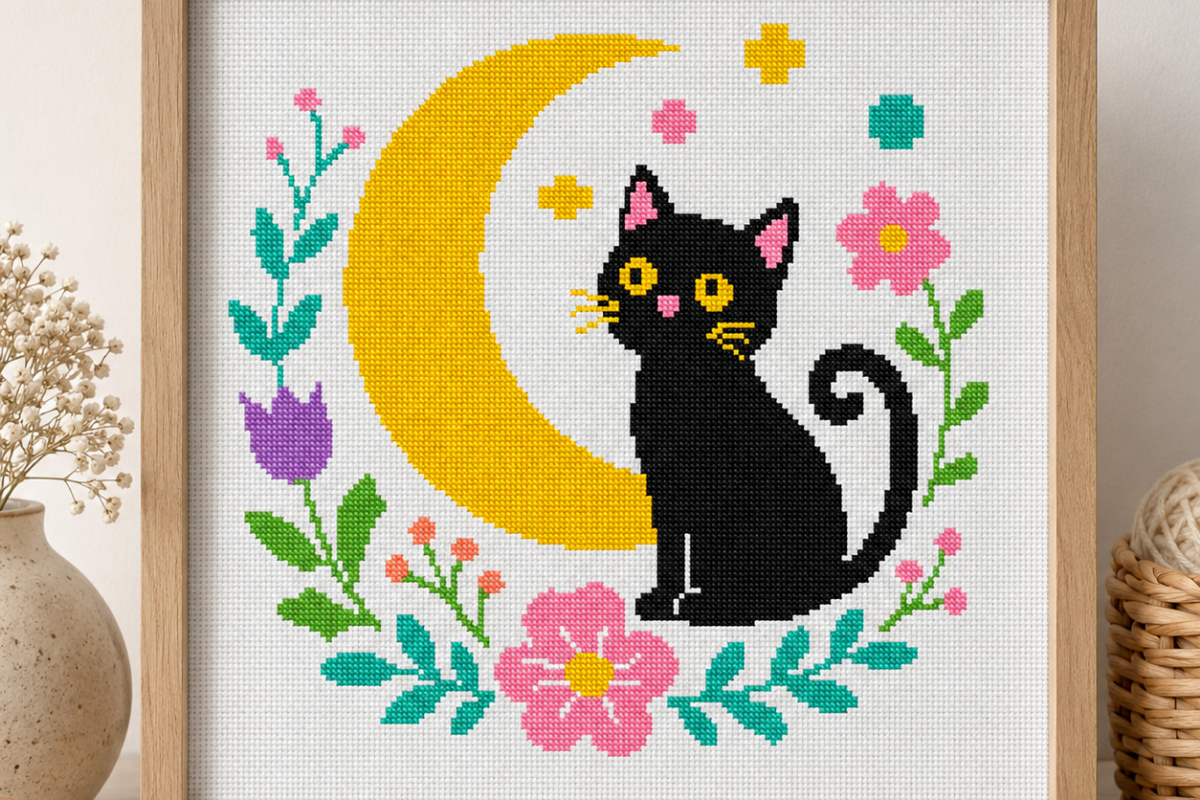 Black Cat Moon Cross Stitch Pattern