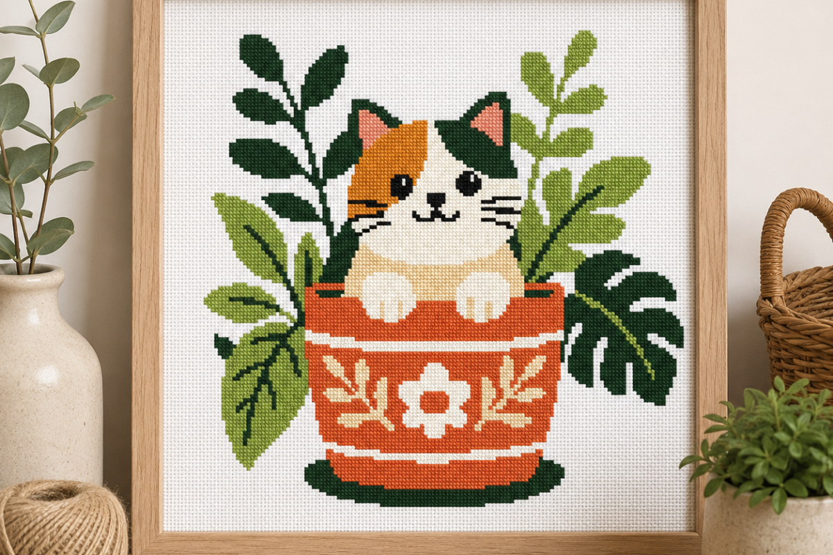 Cat Plant Pot Cross Stitch Pattern