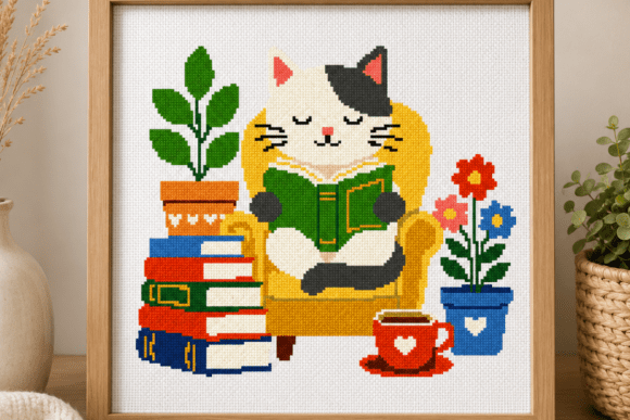 Cat Reading Cross Stitch Pattern