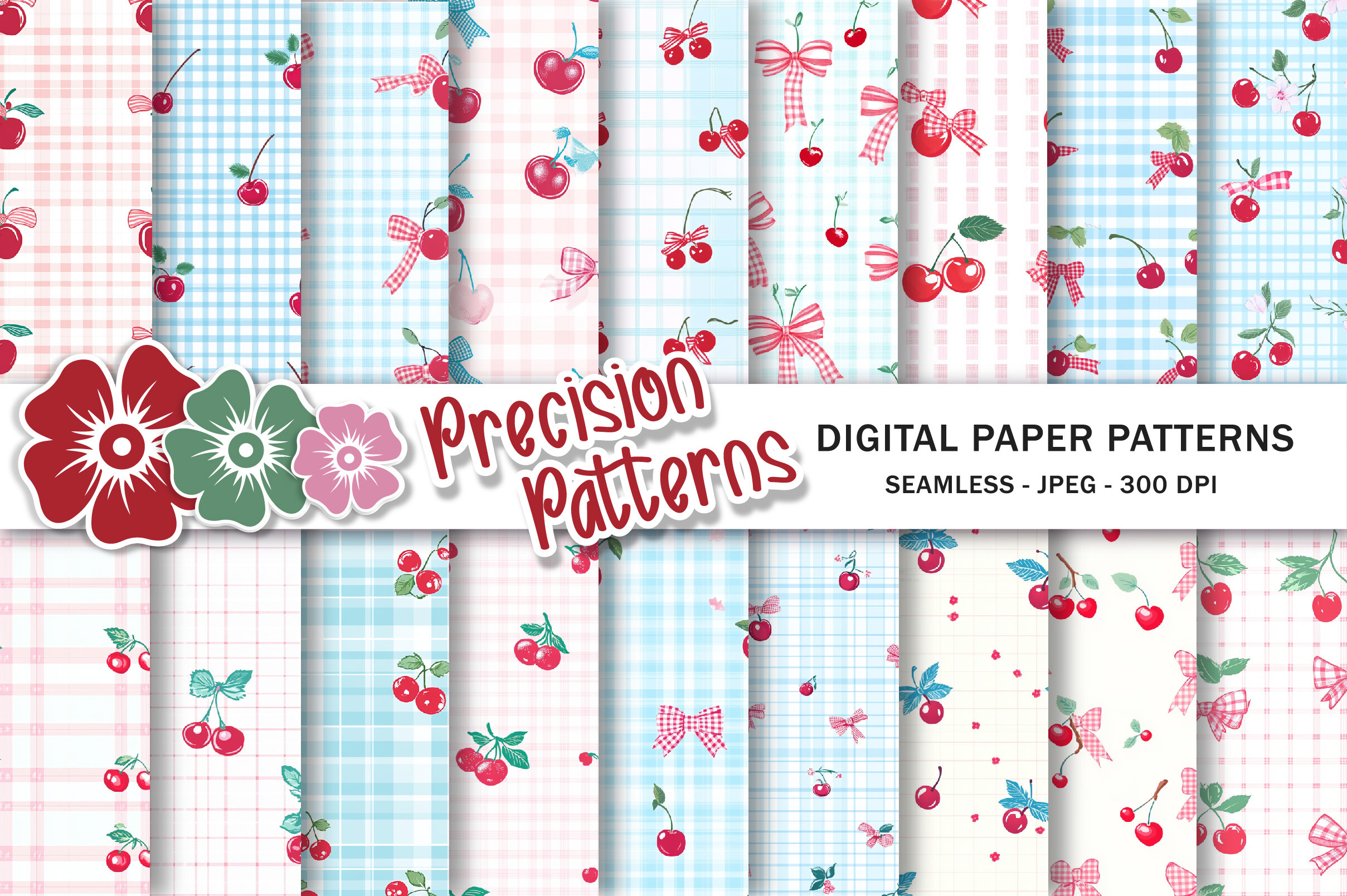 Cherry and Gingham Bow Pattern