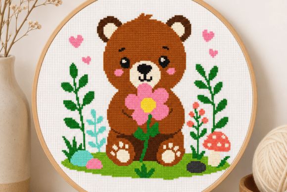 Cute Bear Flower Cross Stitch Pattern