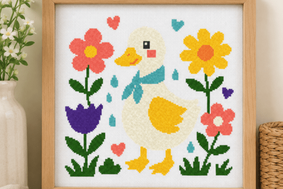 Cute Duck Floral Cross Stitch Pattern
