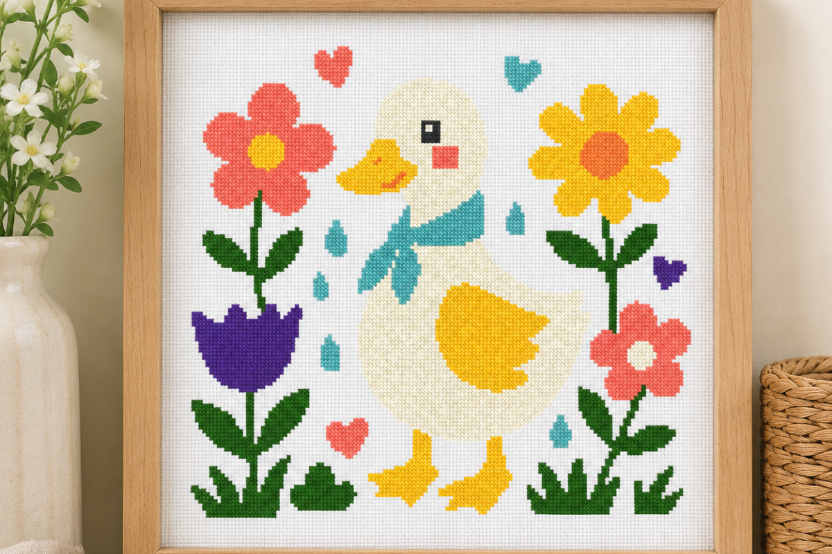 Cute Duck Floral Cross Stitch Pattern