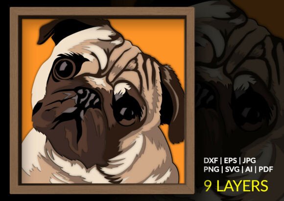 Cute Pug dog 3D shadow box SVG