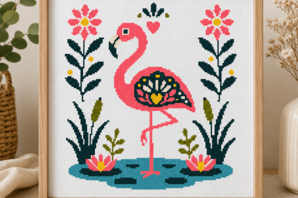 Flamingo Folk Art Cross Stitch Pattern