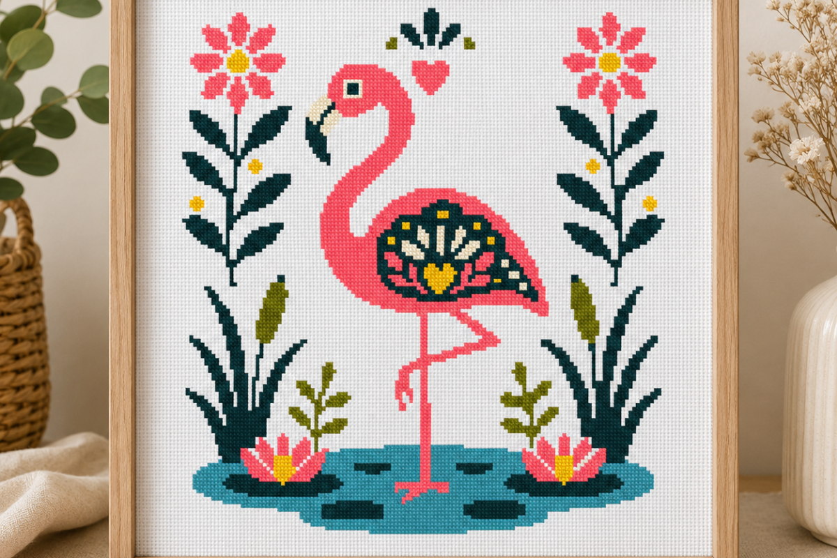 Flamingo Folk Art Cross Stitch Pattern