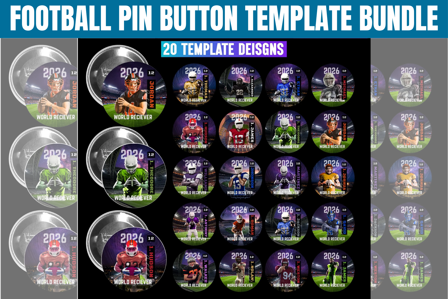 Football Pin Button Template Bundle