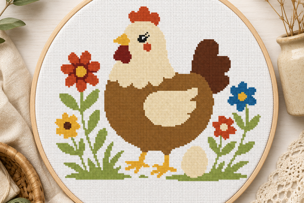 Hen Flower Garden Cross Stitch Pattern