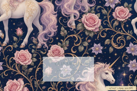 Magical Unicorn Floral Night Pattern