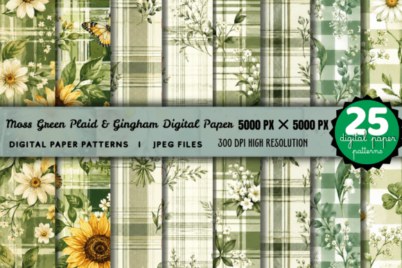 Moss Green Plaid Floral Digital Paper