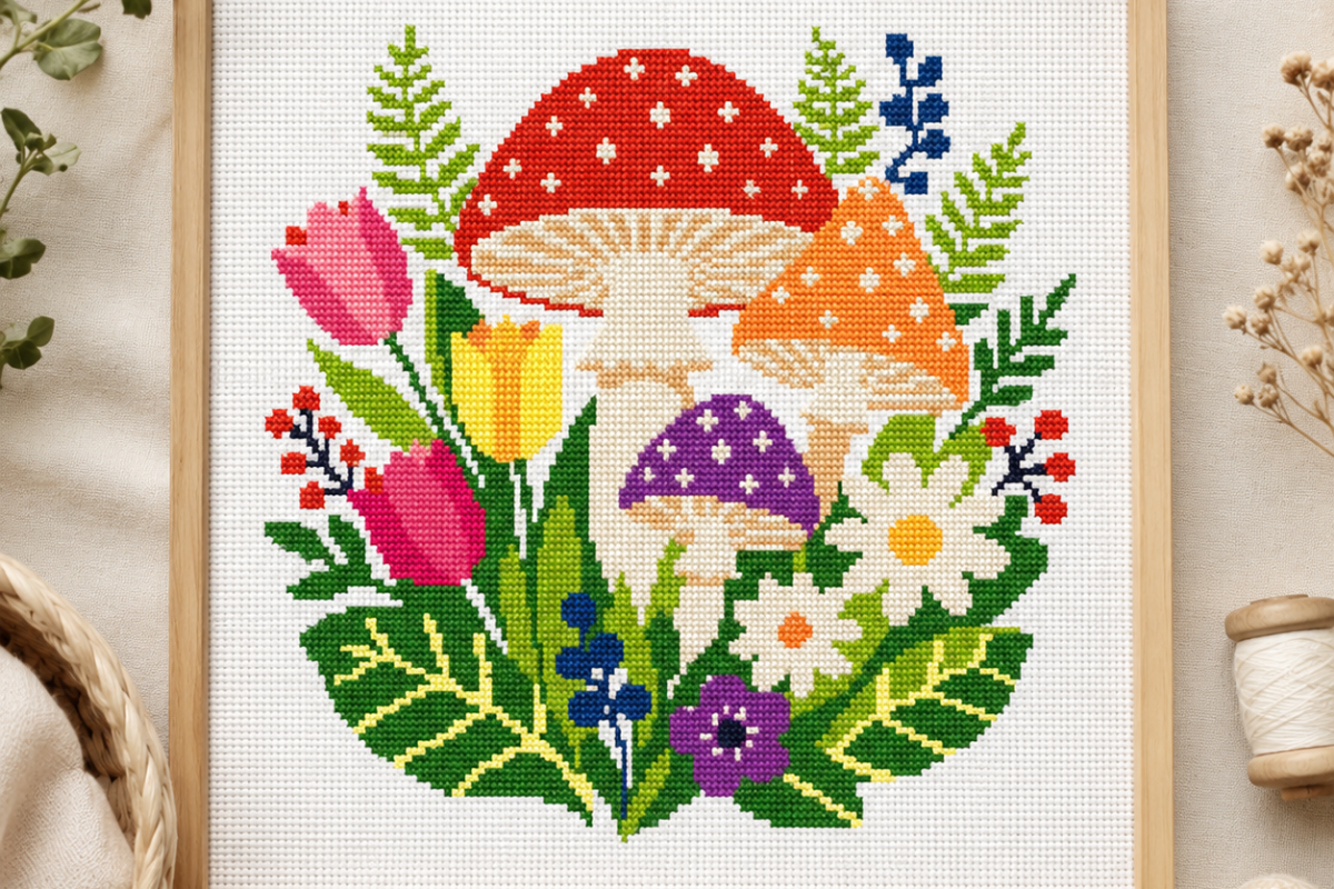 Mushroom Floral Cross Stitch Pattern