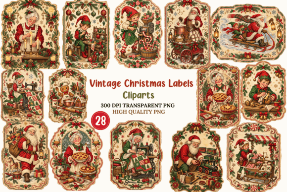Vintage Christmas Label Clipart Bundle