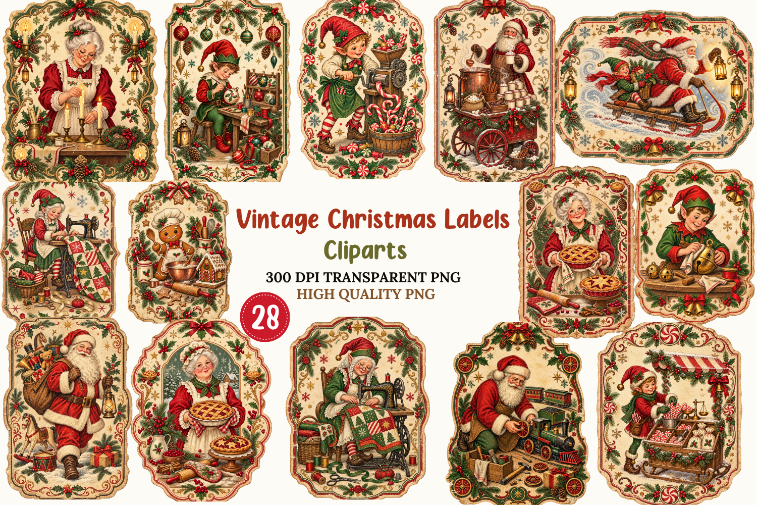 Vintage Christmas Label Clipart Bundle