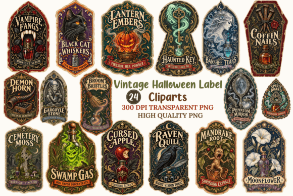 Vintage Halloween Label Clipart Bundle