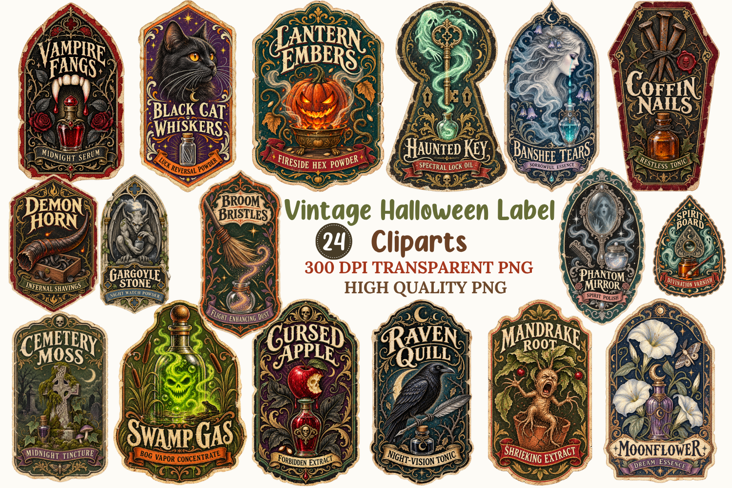 Vintage Halloween Label Clipart Bundle
