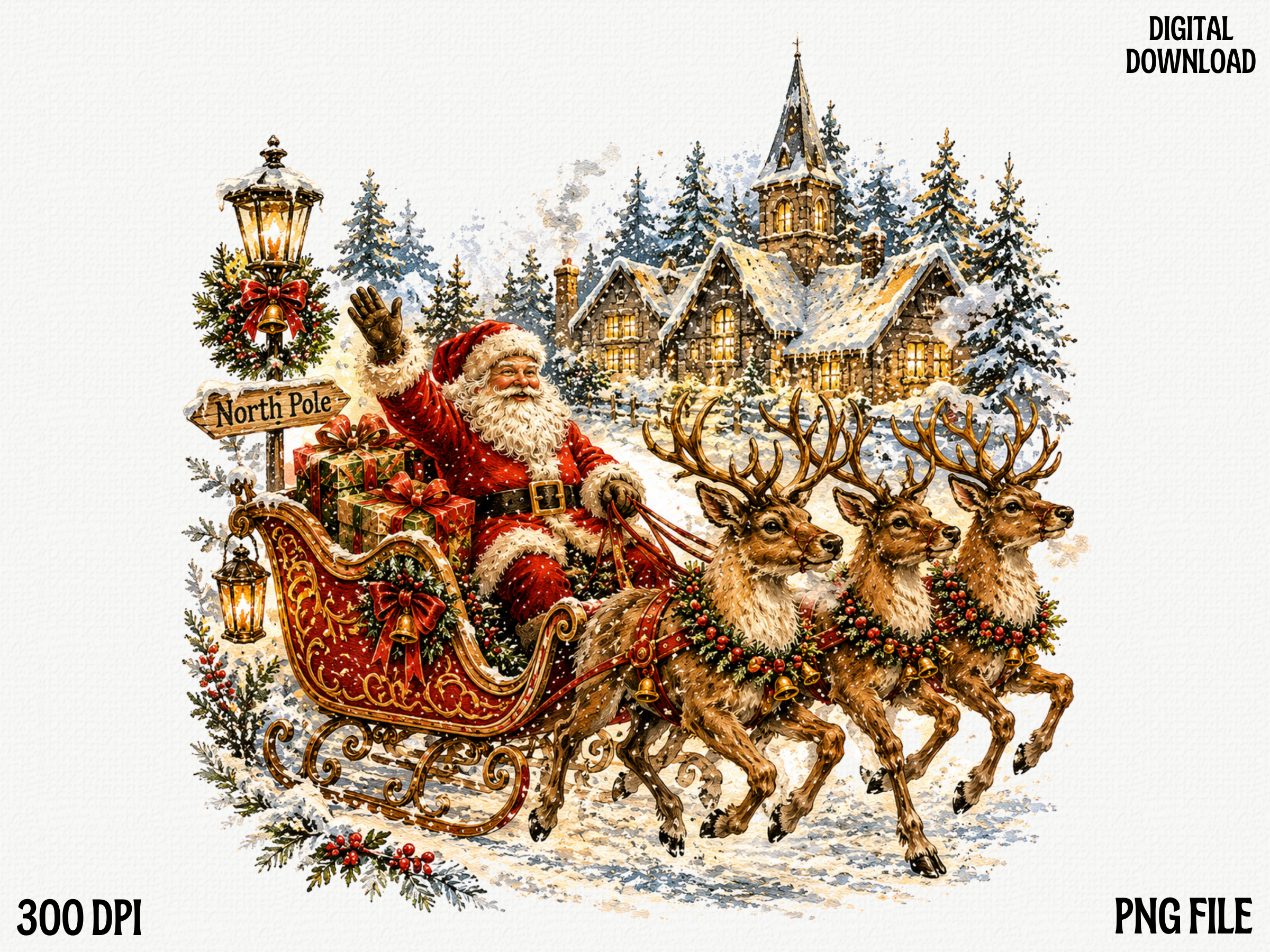 Vintage Santa Sleigh Christmas PNG, Wint