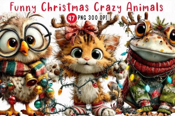 Whimsical Christmas Crazy Animals PNG