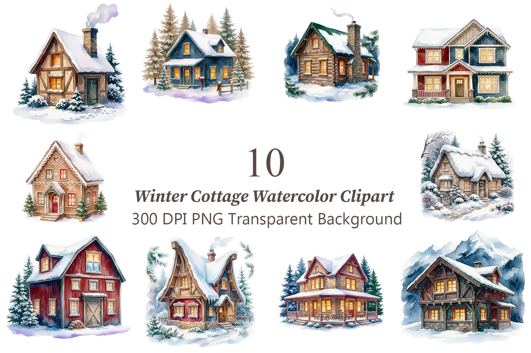 Winter Cottage Watercolor Clipart
