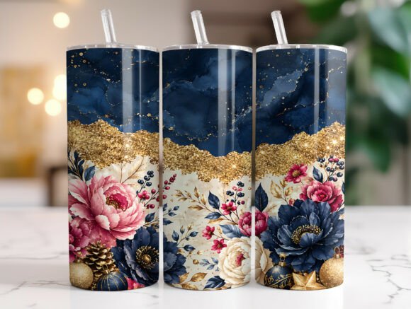20oz Navy Blue Floral Tumbler Wrap PNG