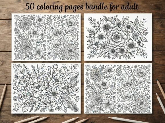 50 Floral Coloring Pages Bundle