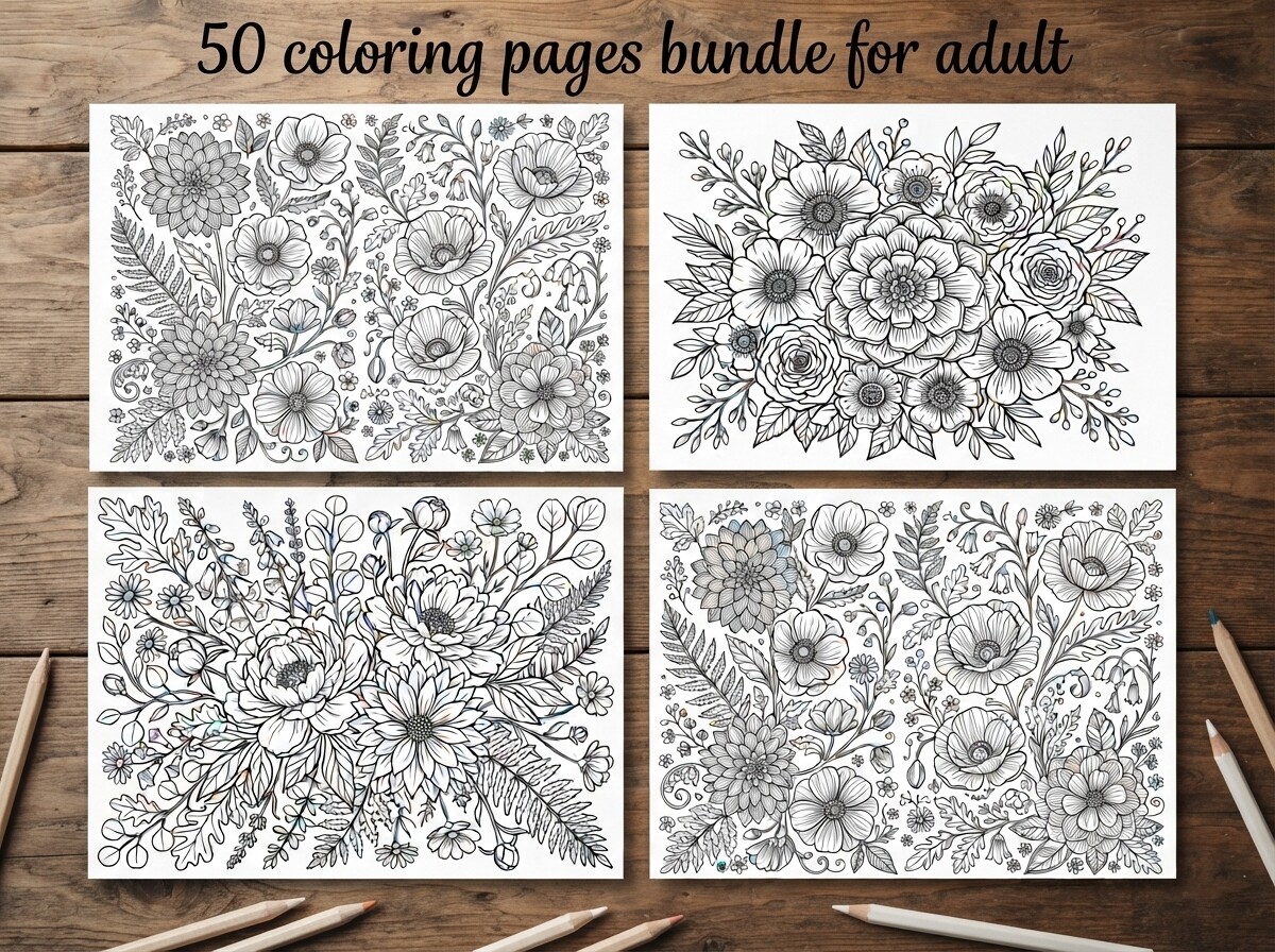 50 Floral Coloring Pages Bundle