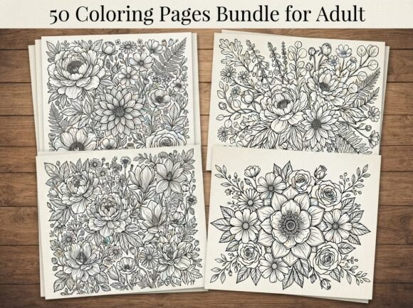 50 Floral Coloring Pages Bundle