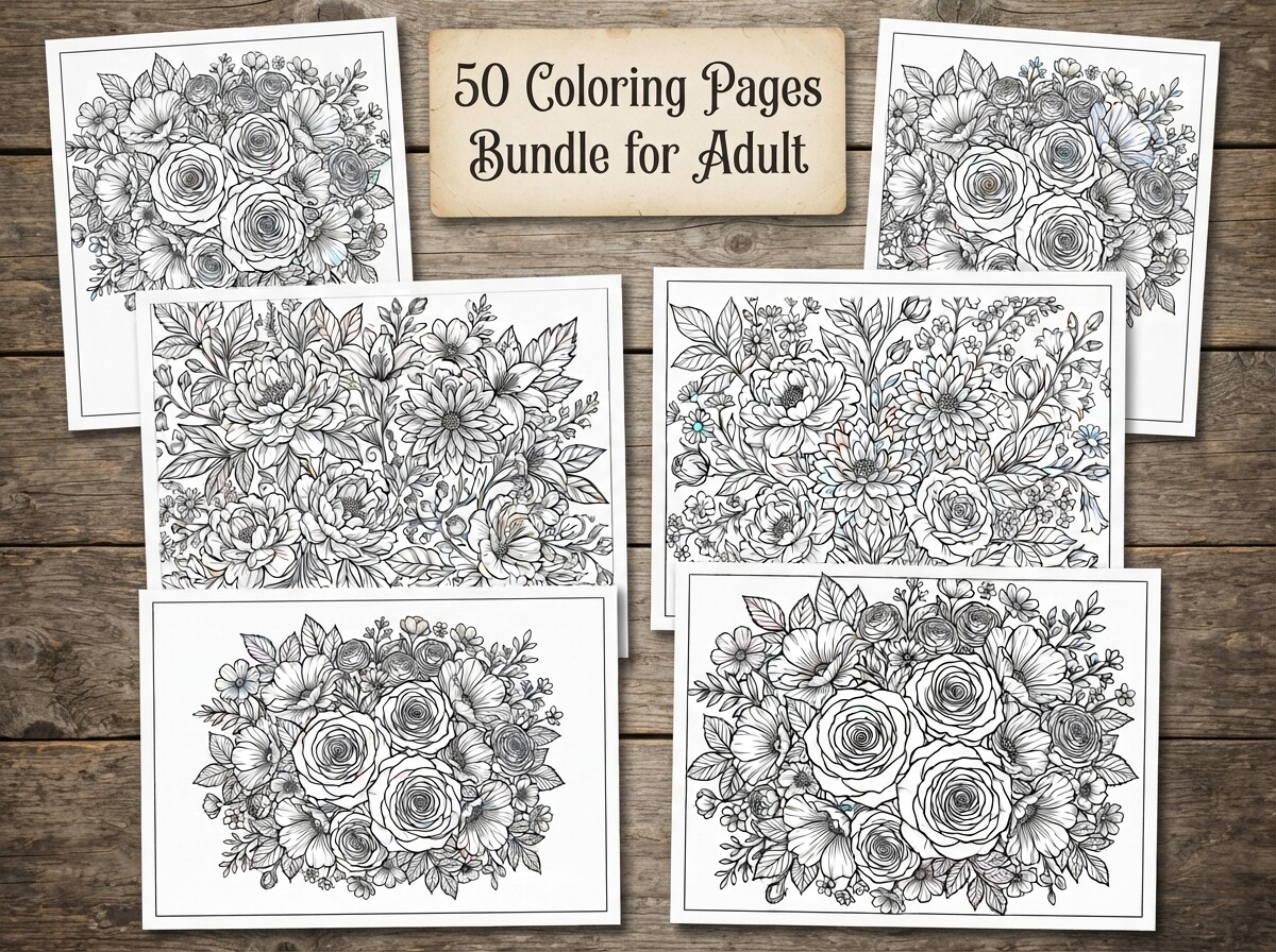 50 Floral Coloring Pages Bundle