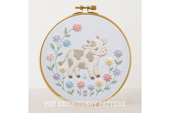 Baby Cow Floral Embroidery Pattern