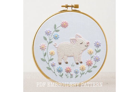 Baby Piglet Floral Embroidery Pattern