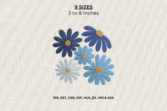 Blue Daisy Flowers Machine Embroidery