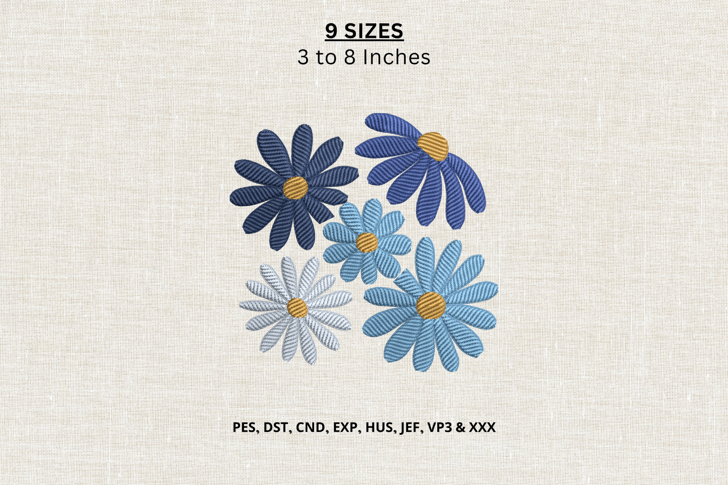 Blue Daisy Flowers Machine Embroidery