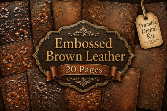 Brown Leather Floral Digital Papers