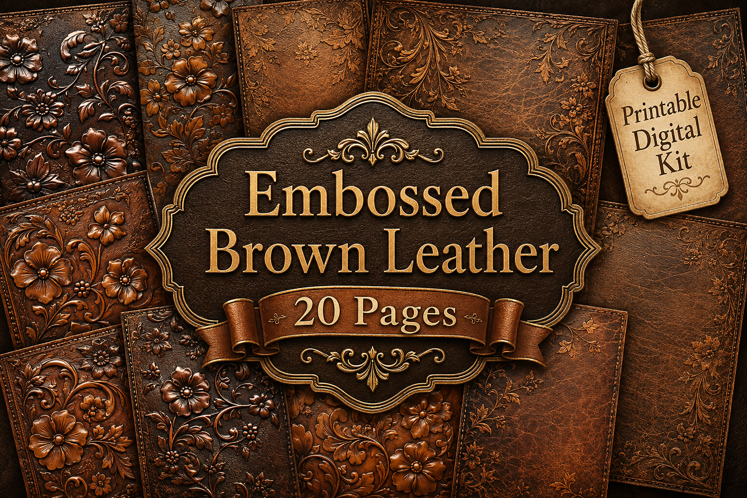 Brown Leather Floral Digital Papers