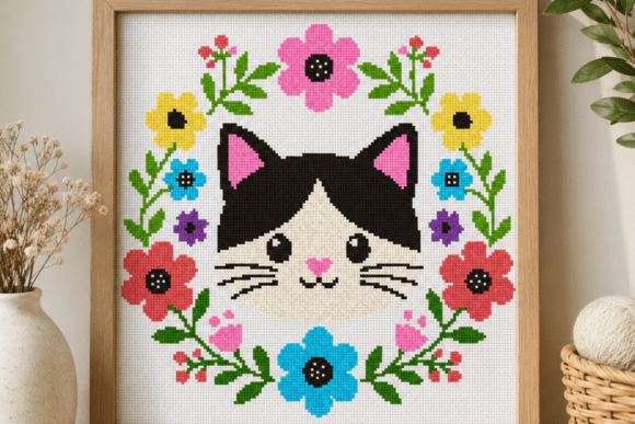 Cat Flower Wreath Cross Stitch