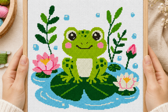 Cheerful Frog Lily Pad Cross Stitch