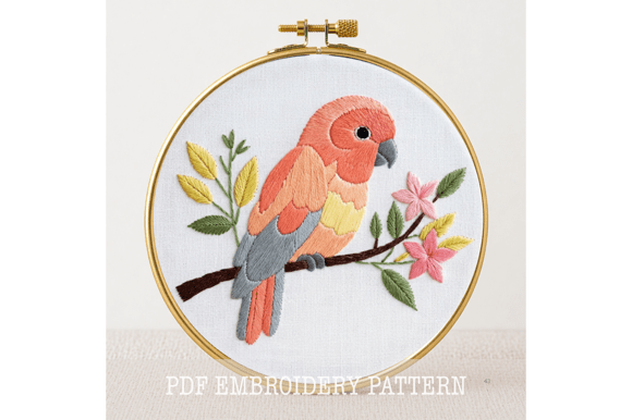 Coral Parrot Blossom Embroidery Pattern