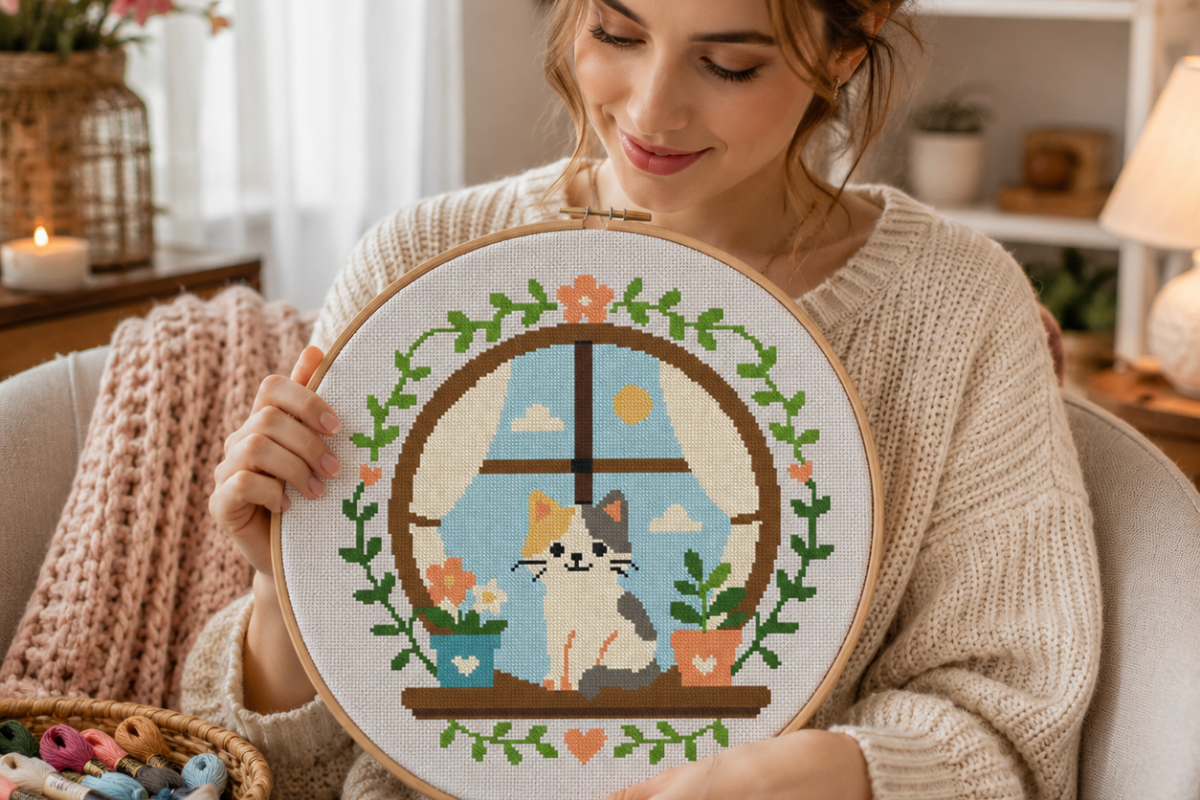 Cozy Cat Window Cross Stitch