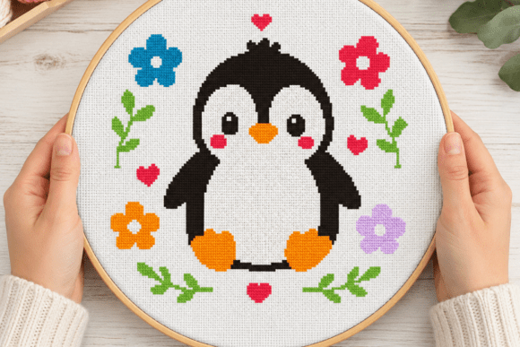 Cute Penguin Floral Cross Stitch