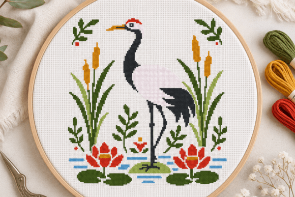 Elegant Crane Pond Cross Stitch